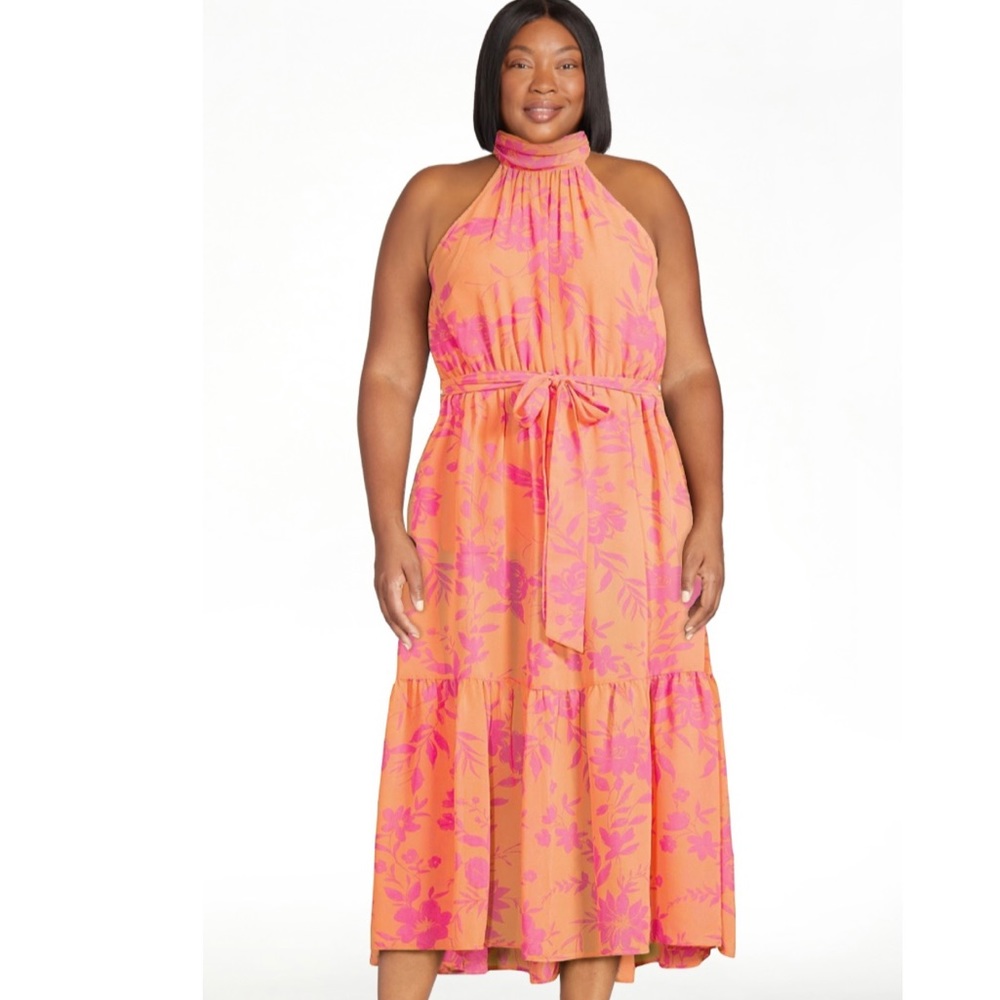 Scoop Women's Halter Top Midi Dress - bright pink and orange XL